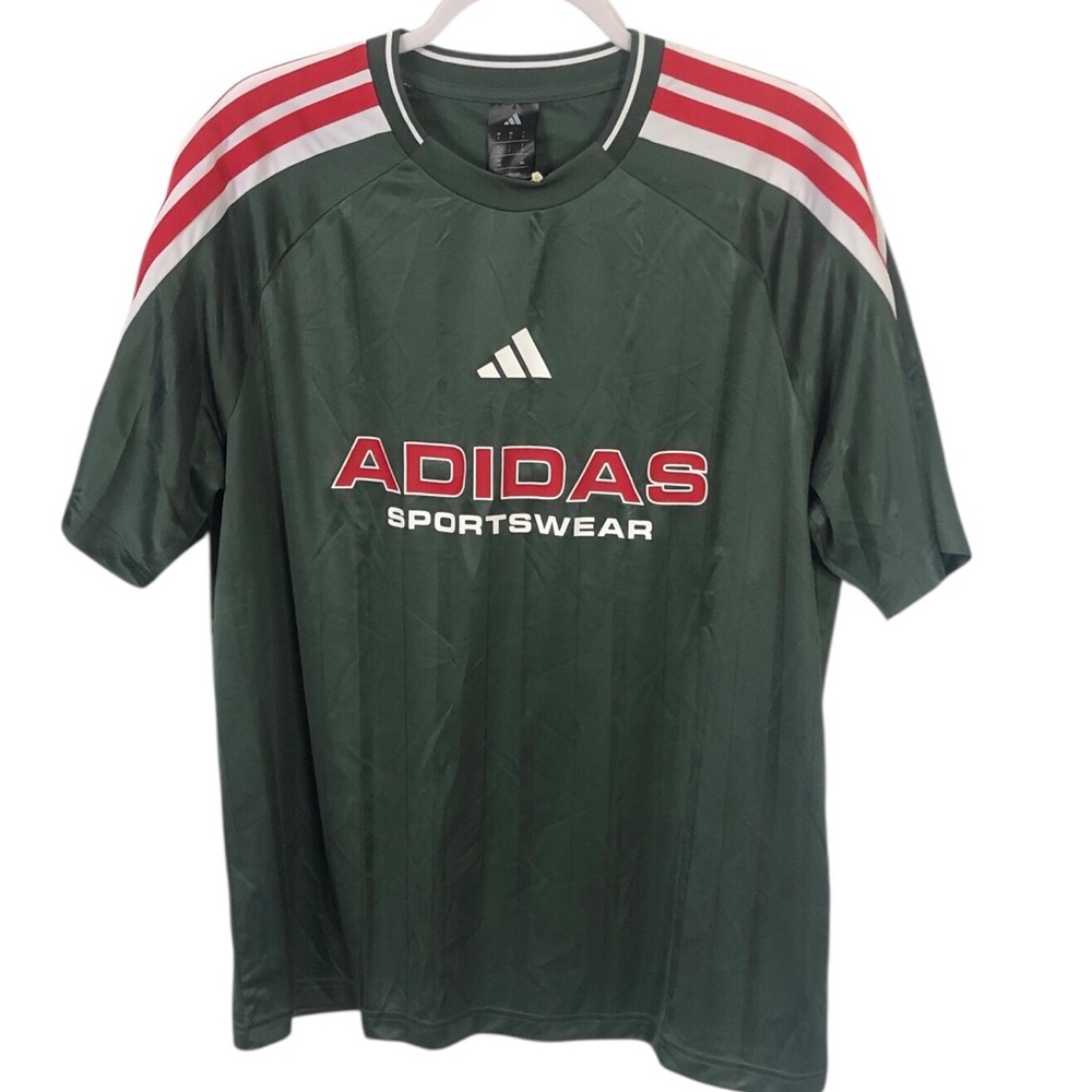 adidas Green Sportswear Tee with Red & White Shoulder Stripes